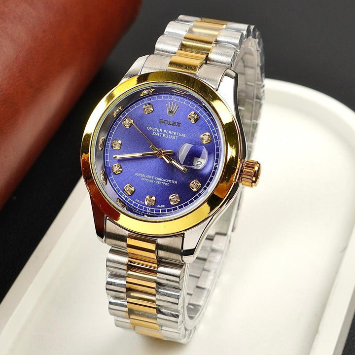 Rolex Golden Silver with Blue Dial stainless steel watch