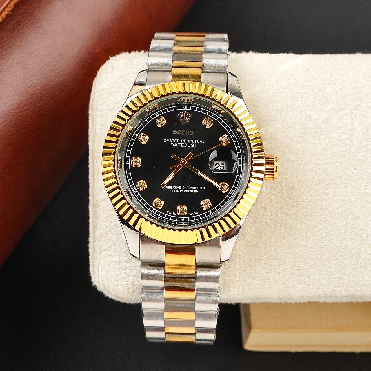 Rolex Golden Silver with Lining Black Dial