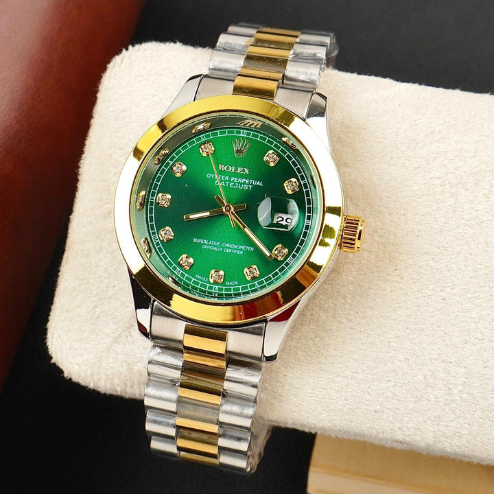 Rolex Golden Silver Green Dial Stainless Steel Watch