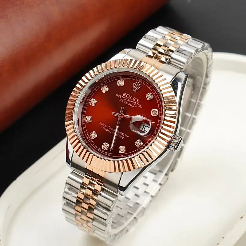 Rolex Golden Silver with Red Dial stainless steel watch
