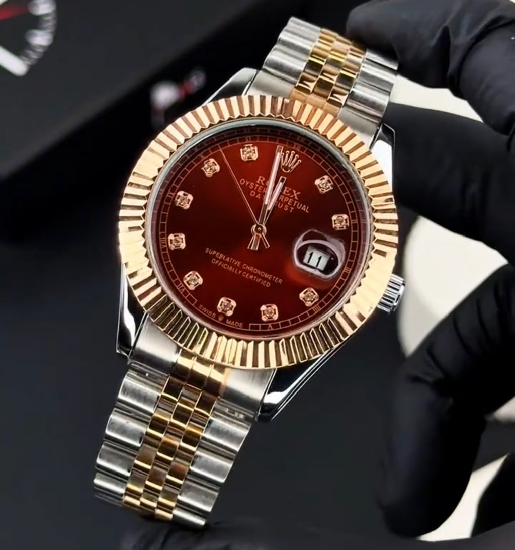 Rolex Golden Silver with Red Dial stainless steel watch