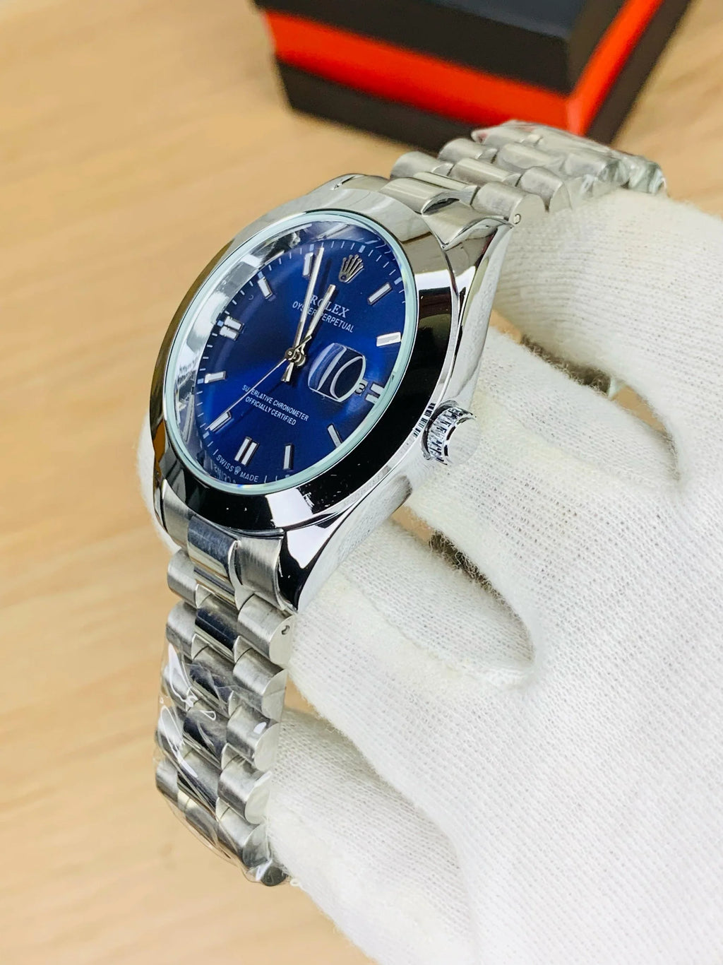 Rolex Silver Blue Stainless Steel Watch