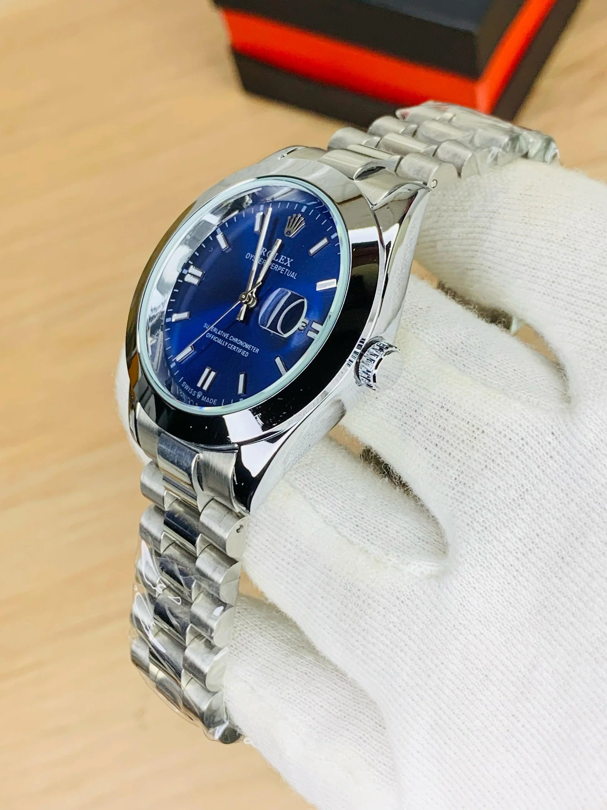 Rolex Silver Blue Stainless Steel Watch