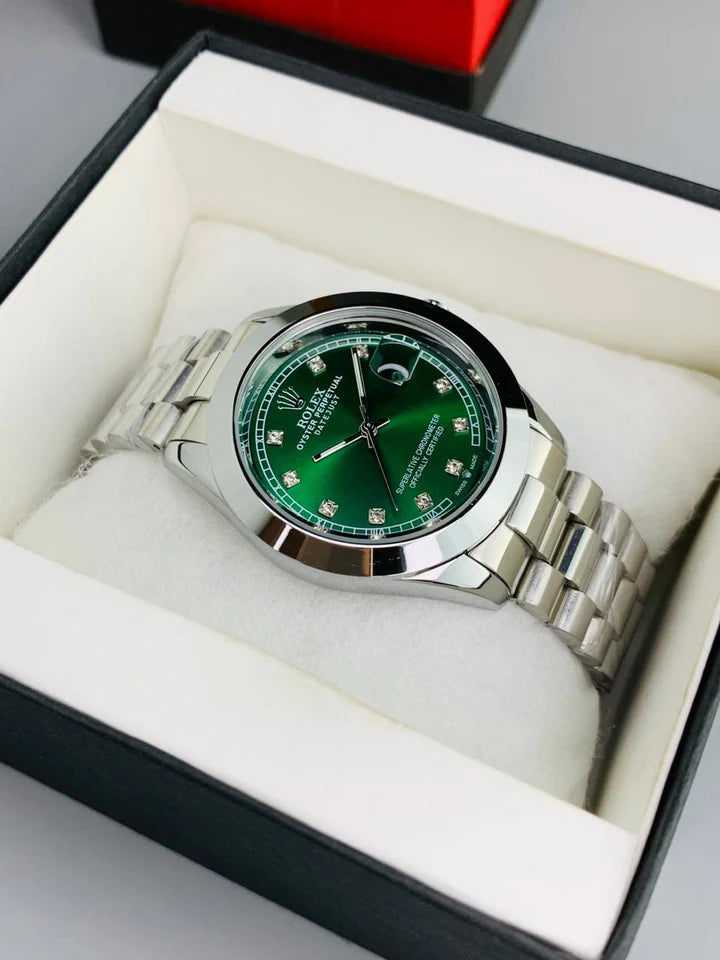 Rolex Silver Green Stainless Steel Watch
