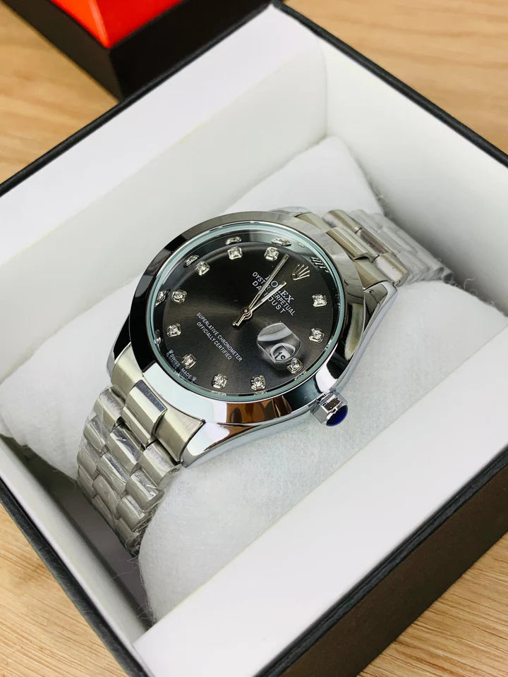 Rolex Silver Black Stainless Steel Watch