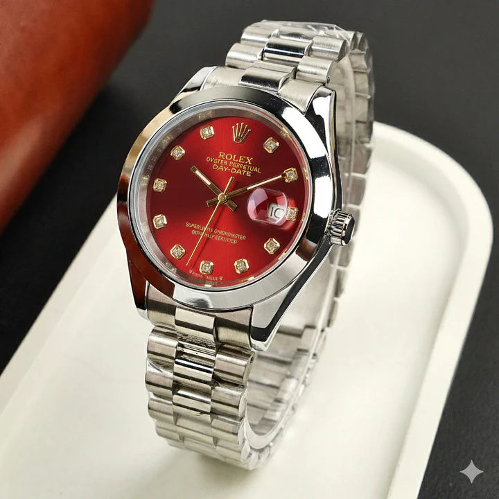 Rolex Pure Silver with Red Dial Stainless Steel Watch