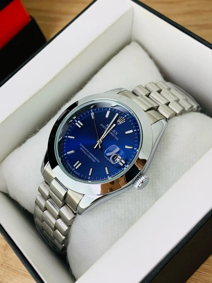 Rolex Silver Blue Stainless Steel Watch