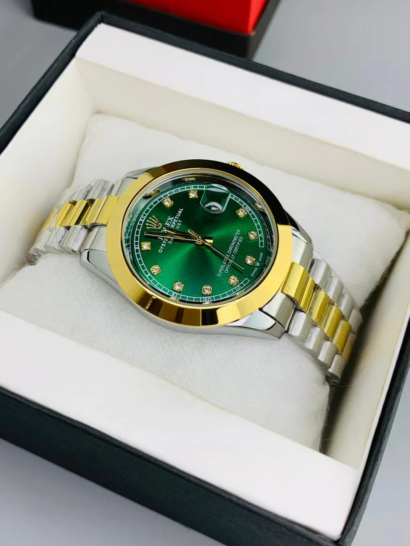 Rolex Golden Silver Green Dial Stainless Steel Watch