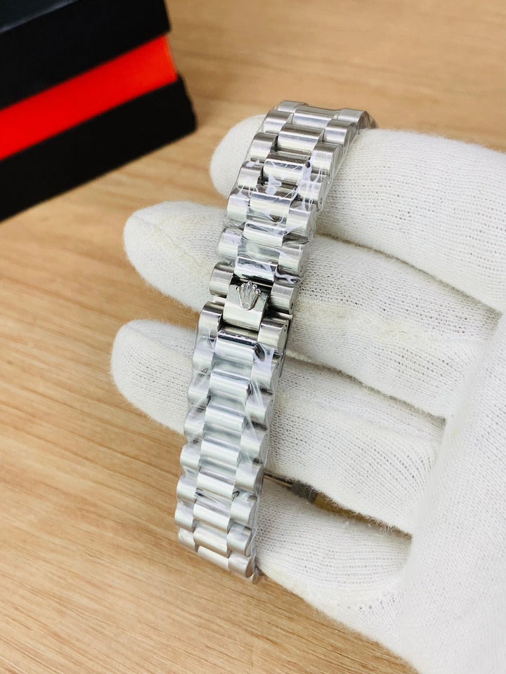 Rolex Pure Silver with Red Dial Stainless Steel Watch