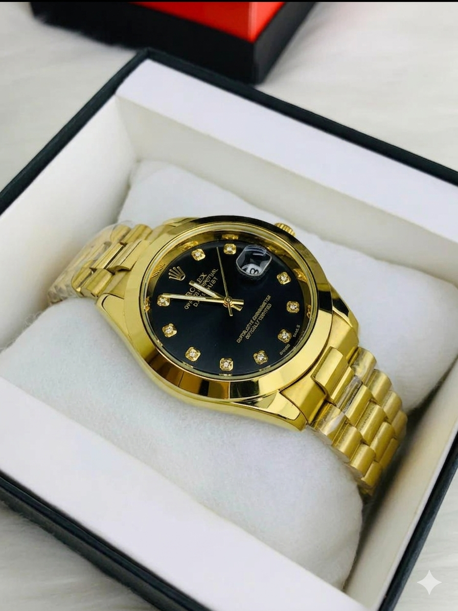 Rolex Golden Black Stainless Steel Watch
