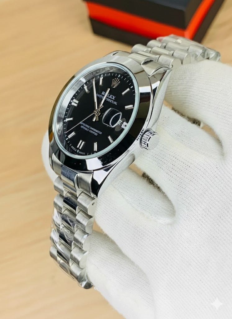 Rolex Silver Black Stainless Steel Watch