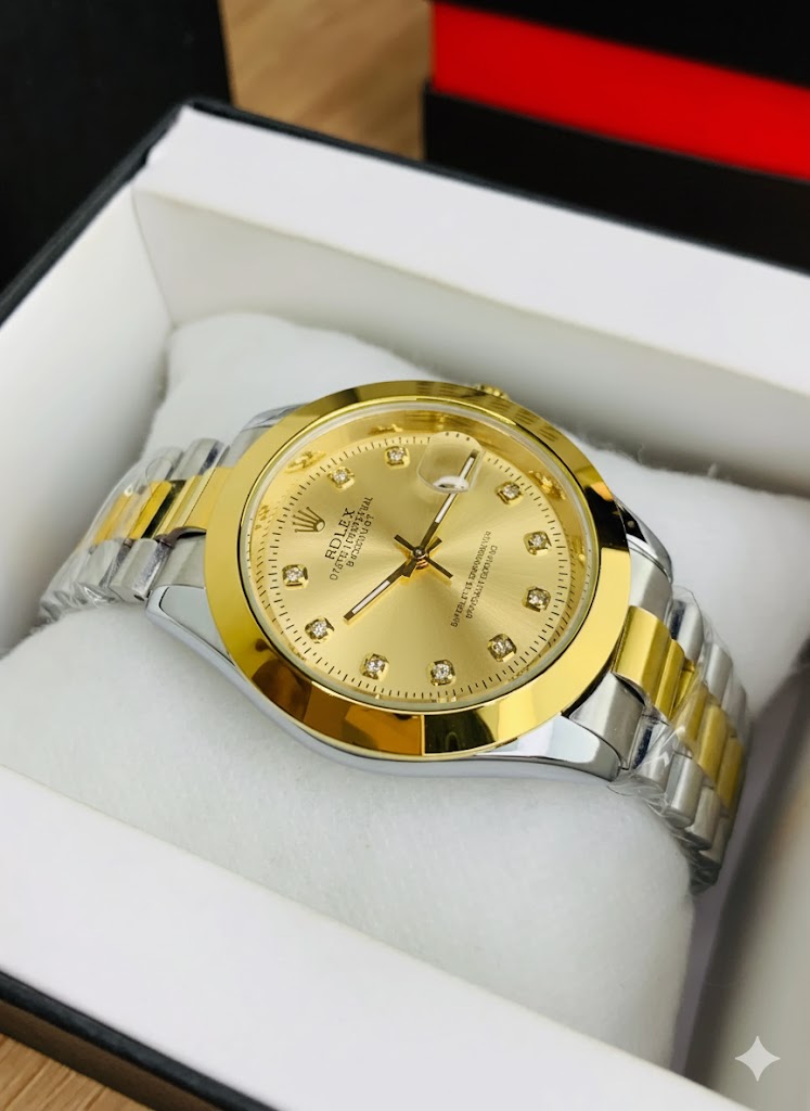 Rolex Golden Silver with Golden Dial Stainless Steel Watch